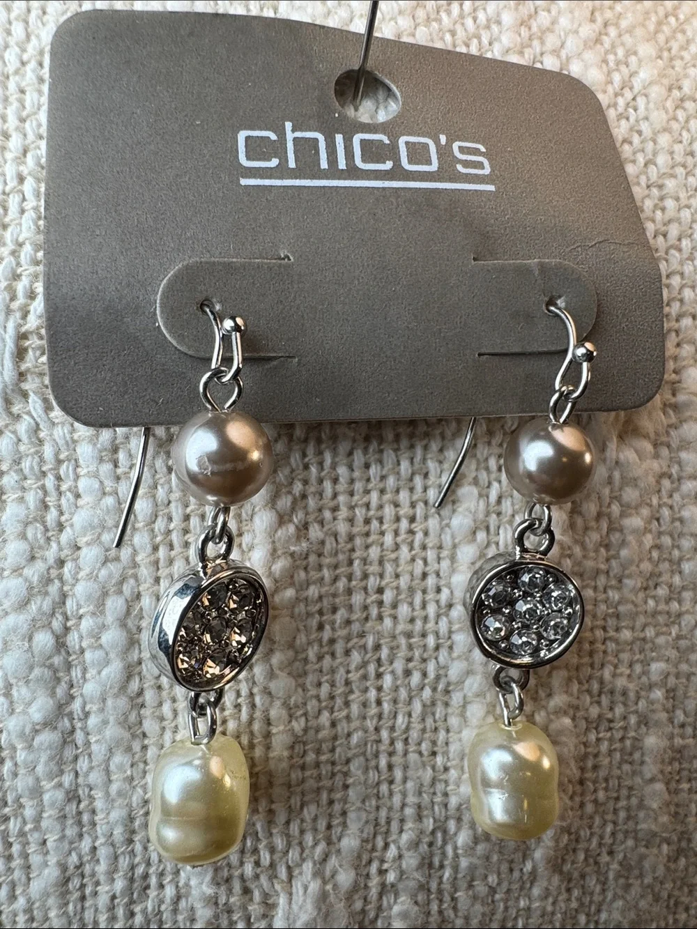 0192-Chico's Silver-Tone Pearl and Crystal Drop Earrings in Cream and Silver